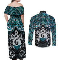New Zealand Maori Couples Matching Off Shoulder Maxi Dress and Long Sleeve Button Shirt Poutama Pikorua Turquoise Paua Shell LT05 - Polynesian Pride