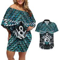 New Zealand Maori Couples Matching Off Shoulder Short Dress and Hawaiian Shirt Poutama Pikorua Turquoise Paua Shell LT05 Turquoise - Polynesian Pride
