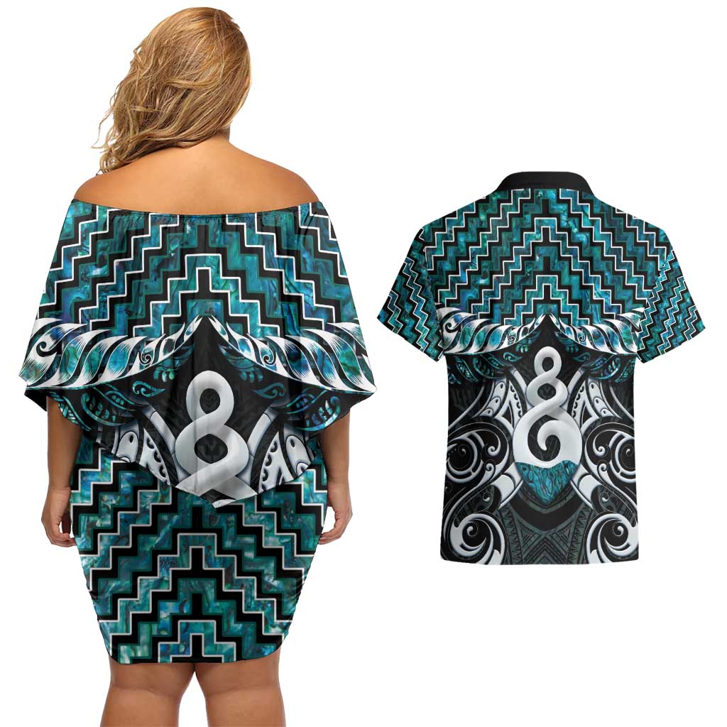 New Zealand Maori Couples Matching Off Shoulder Short Dress and Hawaiian Shirt Poutama Pikorua Turquoise Paua Shell LT05 - Polynesian Pride
