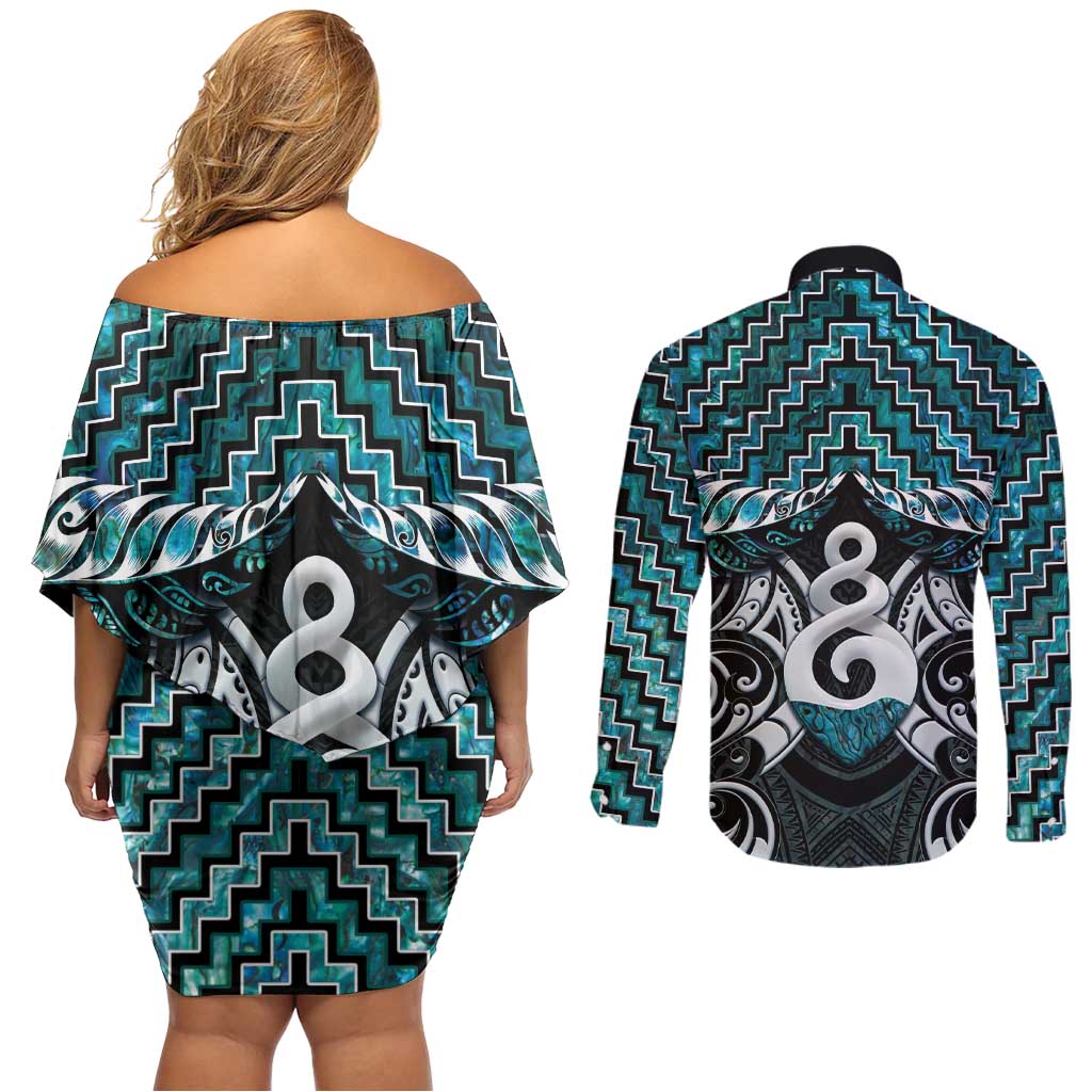 New Zealand Maori Couples Matching Off Shoulder Short Dress and Long Sleeve Button Shirt Poutama Pikorua Turquoise Paua Shell LT05 - Polynesian Pride