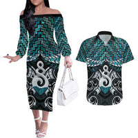 New Zealand Maori Couples Matching Off The Shoulder Long Sleeve Dress and Hawaiian Shirt Poutama Pikorua Turquoise Paua Shell LT05 Turquoise - Polynesian Pride