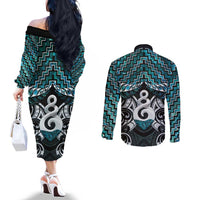 New Zealand Maori Couples Matching Off The Shoulder Long Sleeve Dress and Long Sleeve Button Shirt Poutama Pikorua Turquoise Paua Shell LT05 - Polynesian Pride