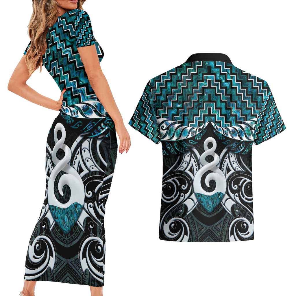 New Zealand Maori Couples Matching Short Sleeve Bodycon Dress and Hawaiian Shirt Poutama Pikorua Turquoise Paua Shell LT05 - Polynesian Pride