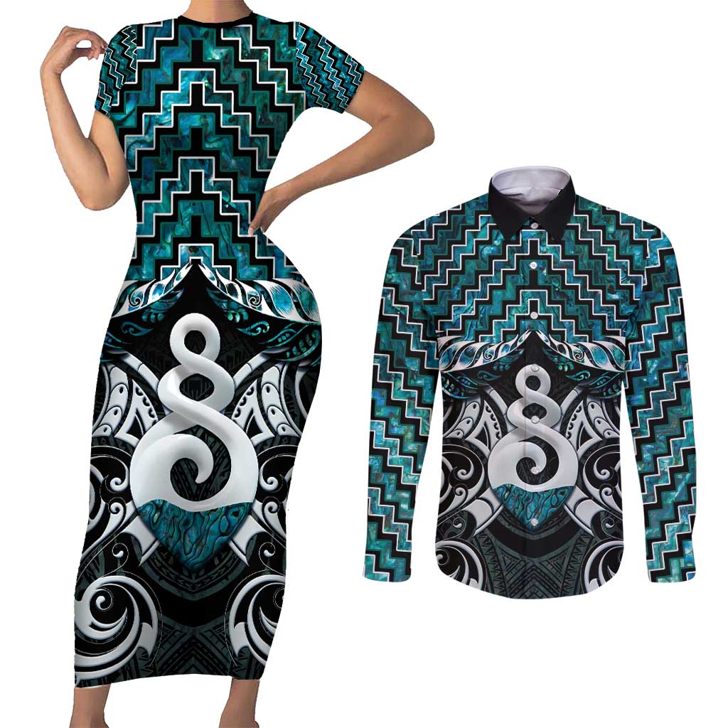 New Zealand Maori Couples Matching Short Sleeve Bodycon Dress and Long Sleeve Button Shirt Poutama Pikorua Turquoise Paua Shell LT05 Turquoise - Polynesian Pride