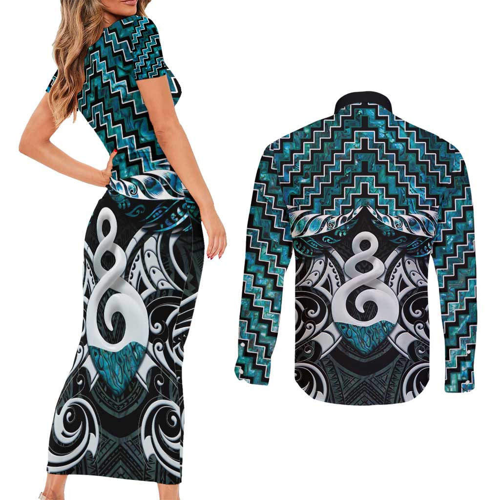 New Zealand Maori Couples Matching Short Sleeve Bodycon Dress and Long Sleeve Button Shirt Poutama Pikorua Turquoise Paua Shell LT05 - Polynesian Pride