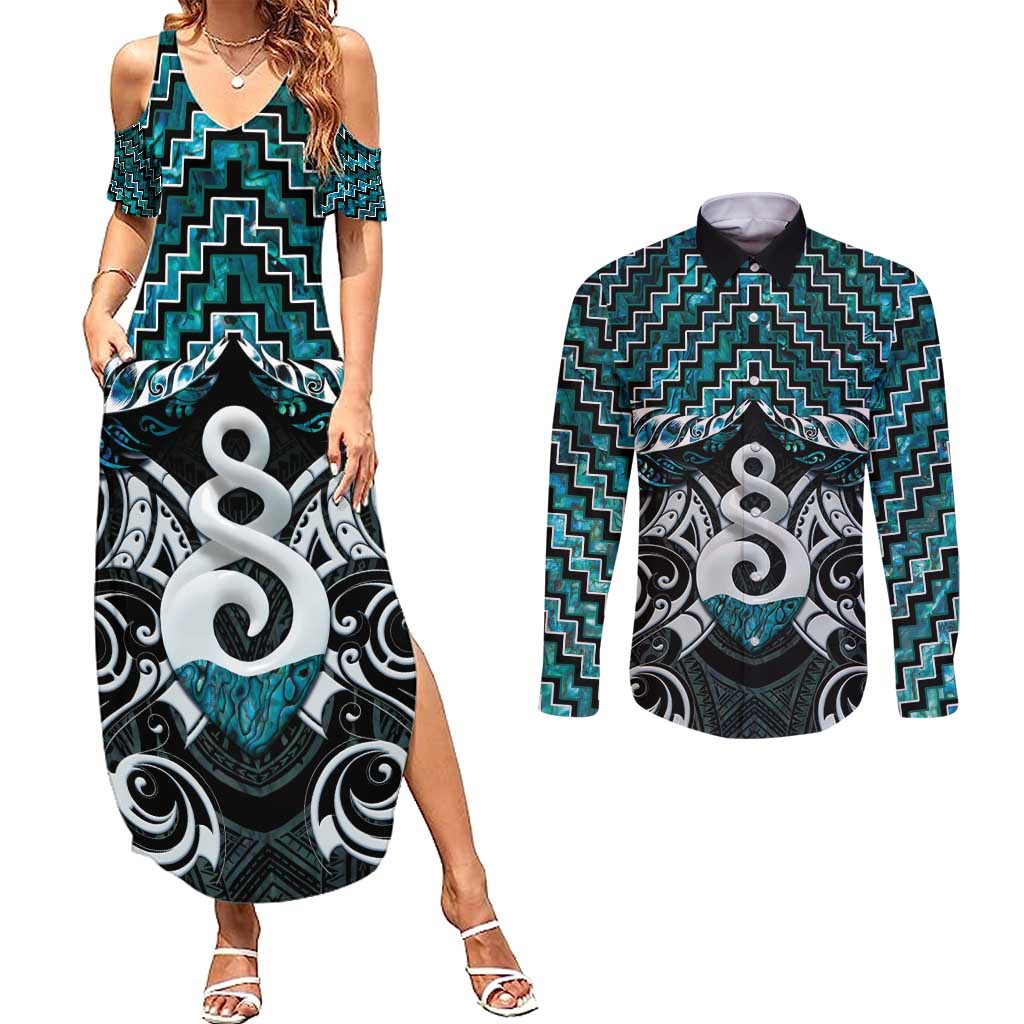 New Zealand Maori Couples Matching Summer Maxi Dress and Long Sleeve Button Shirt Poutama Pikorua Turquoise Paua Shell LT05 Turquoise - Polynesian Pride