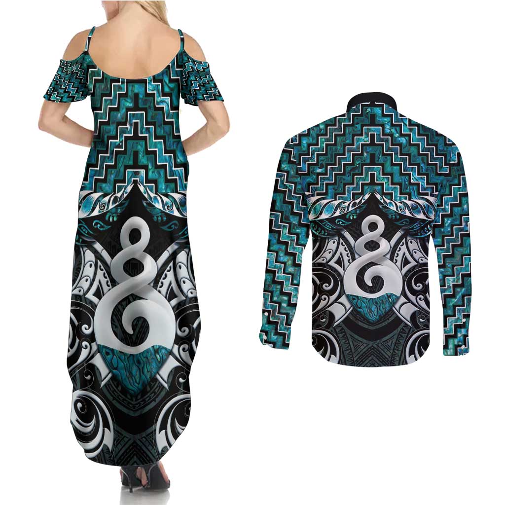 New Zealand Maori Couples Matching Summer Maxi Dress and Long Sleeve Button Shirt Poutama Pikorua Turquoise Paua Shell LT05 - Polynesian Pride