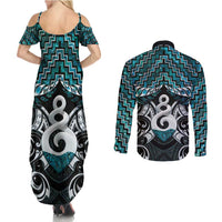 New Zealand Maori Couples Matching Summer Maxi Dress and Long Sleeve Button Shirt Poutama Pikorua Turquoise Paua Shell LT05 - Polynesian Pride