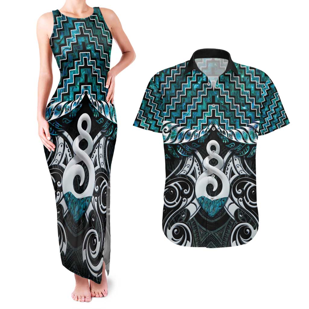 New Zealand Maori Couples Matching Tank Maxi Dress and Hawaiian Shirt Poutama Pikorua Turquoise Paua Shell LT05 Turquoise - Polynesian Pride