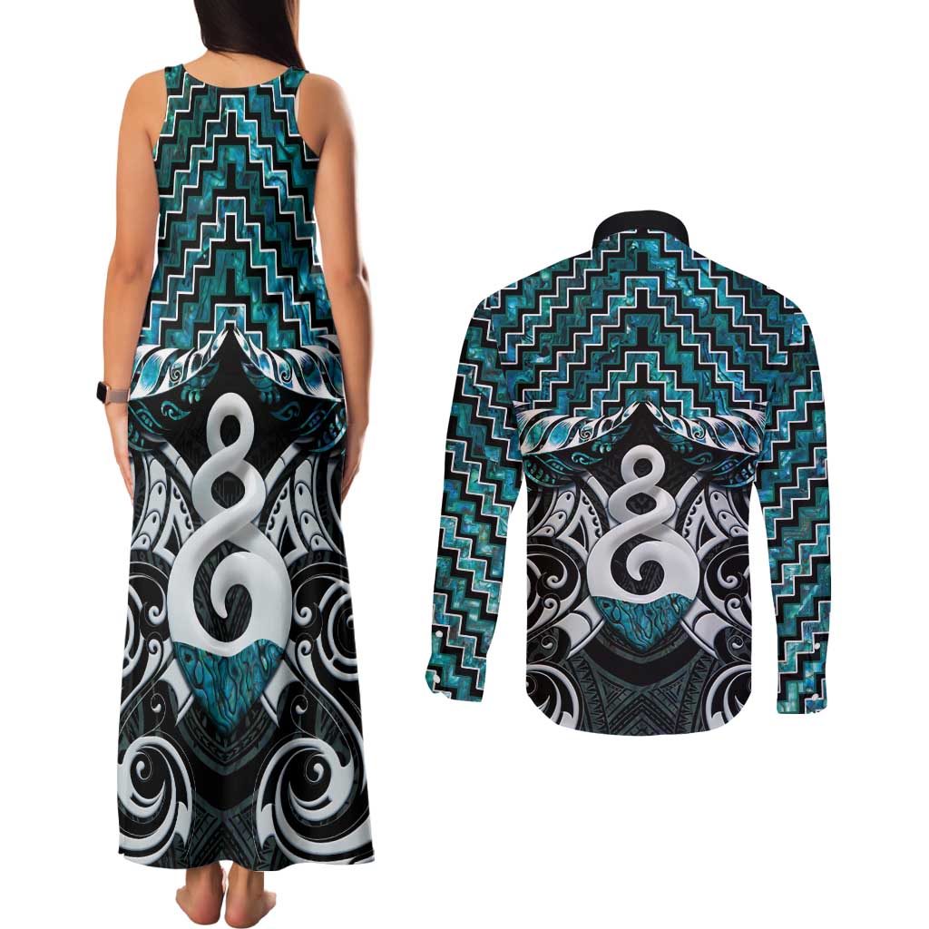 New Zealand Maori Couples Matching Tank Maxi Dress and Long Sleeve Button Shirt Poutama Pikorua Turquoise Paua Shell LT05 - Polynesian Pride