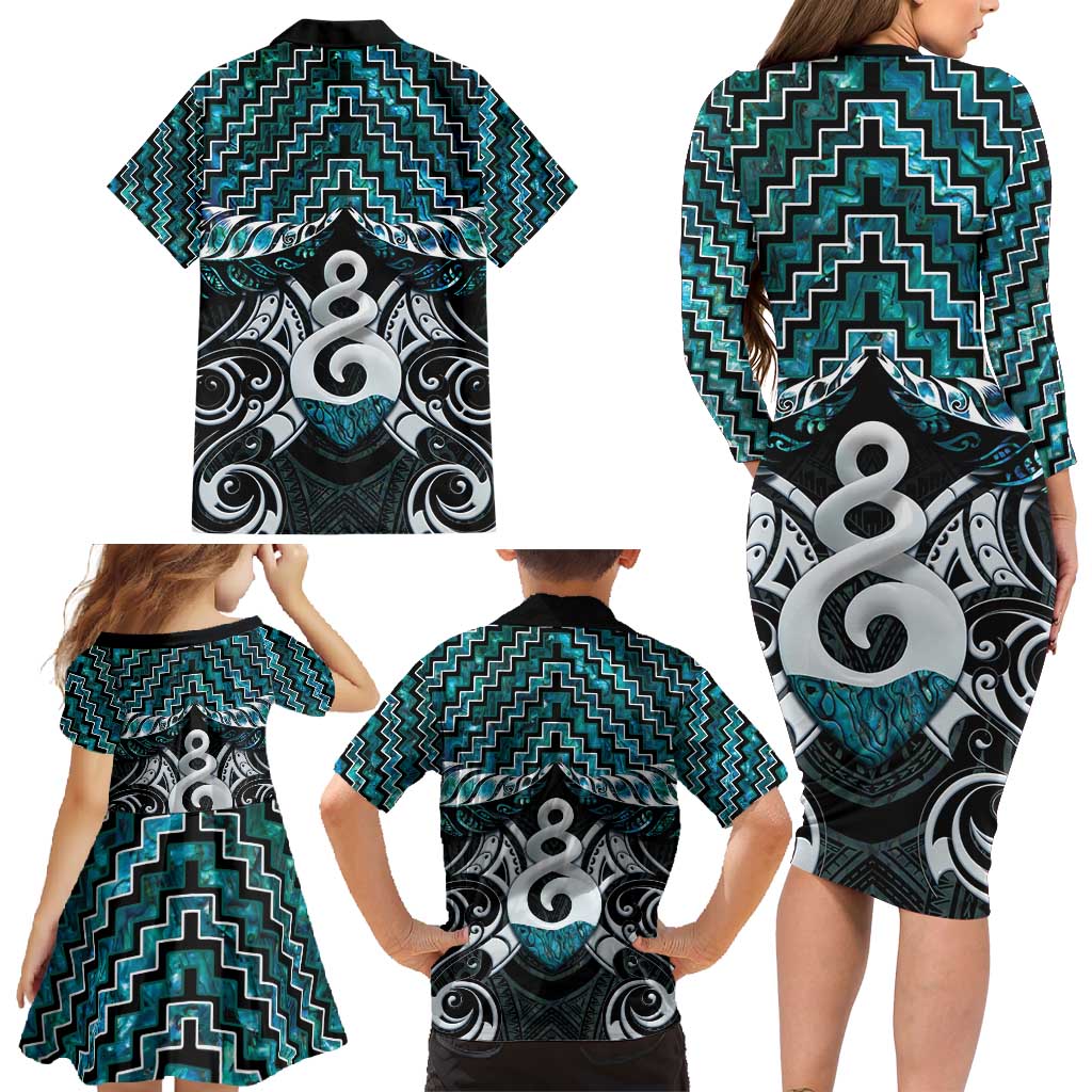 New Zealand Maori Family Matching Long Sleeve Bodycon Dress and Hawaiian Shirt Poutama Pikorua Turquoise Paua Shell LT05 - Polynesian Pride