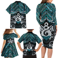 New Zealand Maori Family Matching Long Sleeve Bodycon Dress and Hawaiian Shirt Poutama Pikorua Turquoise Paua Shell LT05 - Polynesian Pride
