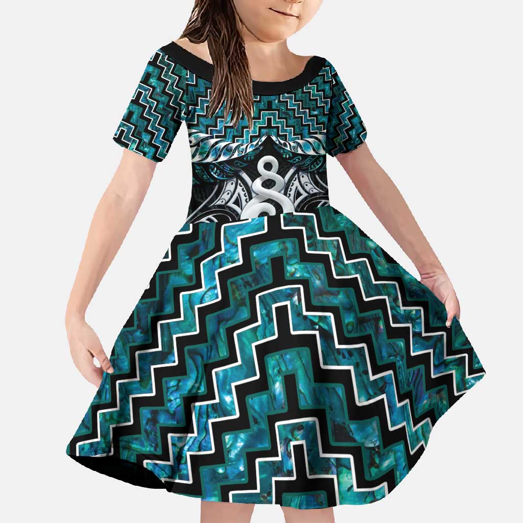 New Zealand Maori Family Matching Mermaid Dress and Hawaiian Shirt Poutama Pikorua Turquoise Paua Shell LT05 Daughter's Dress Turquoise - Polynesian Pride