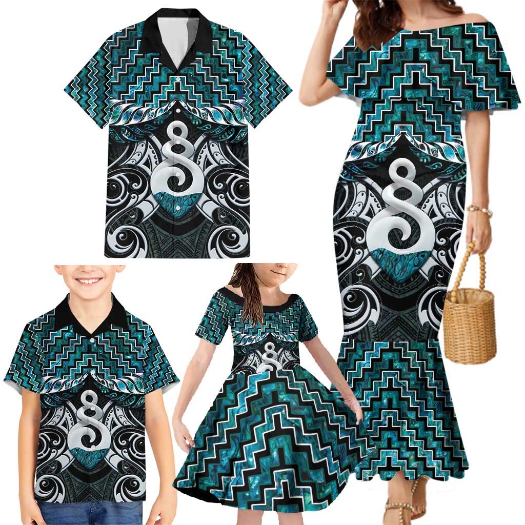 New Zealand Maori Family Matching Mermaid Dress and Hawaiian Shirt Poutama Pikorua Turquoise Paua Shell LT05 - Polynesian Pride