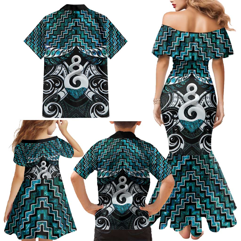 New Zealand Maori Family Matching Mermaid Dress and Hawaiian Shirt Poutama Pikorua Turquoise Paua Shell LT05 - Polynesian Pride