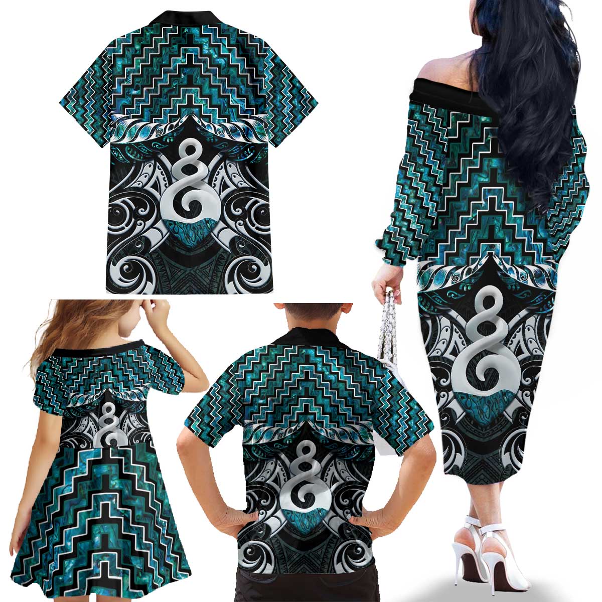 New Zealand Maori Family Matching Off The Shoulder Long Sleeve Dress and Hawaiian Shirt Poutama Pikorua Turquoise Paua Shell LT05 - Polynesian Pride