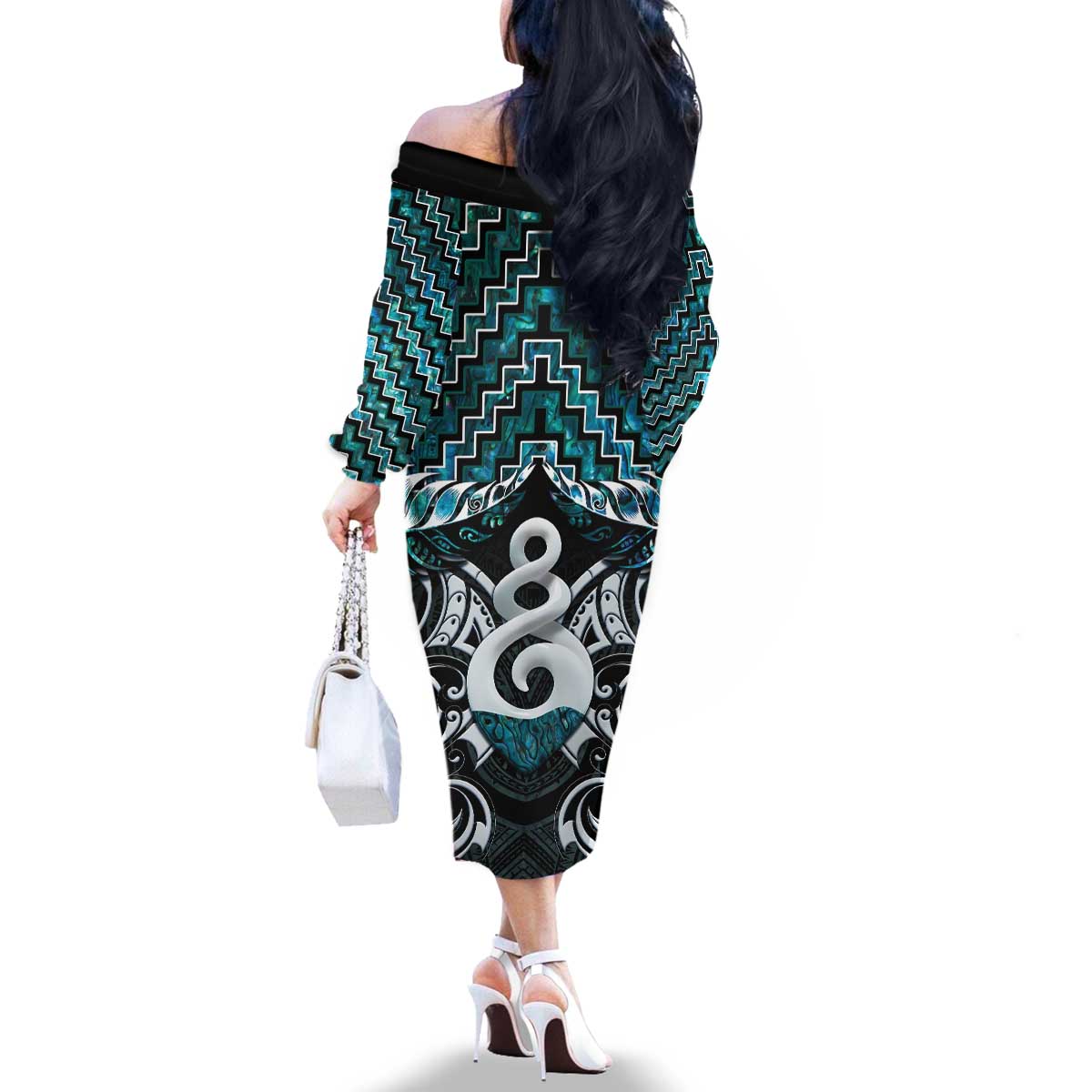 New Zealand Maori Family Matching Off The Shoulder Long Sleeve Dress and Hawaiian Shirt Poutama Pikorua Turquoise Paua Shell LT05 - Polynesian Pride