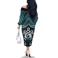 New Zealand Maori Family Matching Off The Shoulder Long Sleeve Dress and Hawaiian Shirt Poutama Pikorua Turquoise Paua Shell LT05 - Polynesian Pride