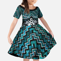 New Zealand Maori Family Matching Off Shoulder Maxi Dress and Hawaiian Shirt Poutama Pikorua Turquoise Paua Shell LT05 Daughter's Dress Turquoise - Polynesian Pride
