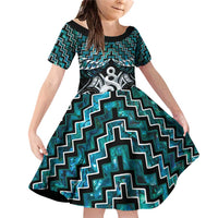 New Zealand Maori Family Matching Off Shoulder Short Dress and Hawaiian Shirt Poutama Pikorua Turquoise Paua Shell LT05 Daughter's Dress Turquoise - Polynesian Pride