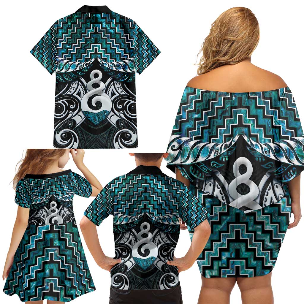New Zealand Maori Family Matching Off Shoulder Short Dress and Hawaiian Shirt Poutama Pikorua Turquoise Paua Shell LT05 - Polynesian Pride