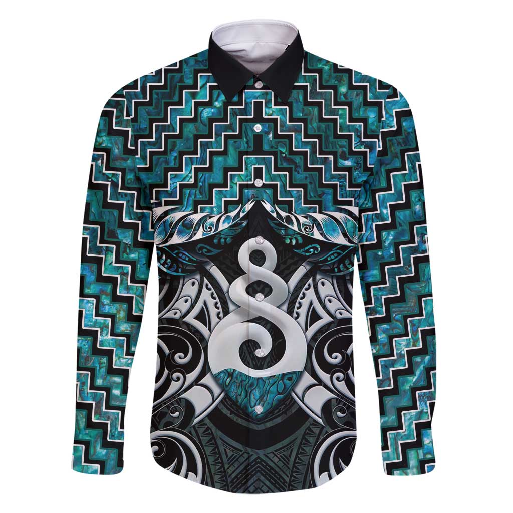 New Zealand Maori Family Matching Off Shoulder Short Dress and Hawaiian Shirt Poutama Pikorua Turquoise Paua Shell LT05 Dad's Shirt - Long Sleeve Turquoise - Polynesian Pride