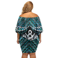 New Zealand Maori Family Matching Off Shoulder Short Dress and Hawaiian Shirt Poutama Pikorua Turquoise Paua Shell LT05 - Polynesian Pride