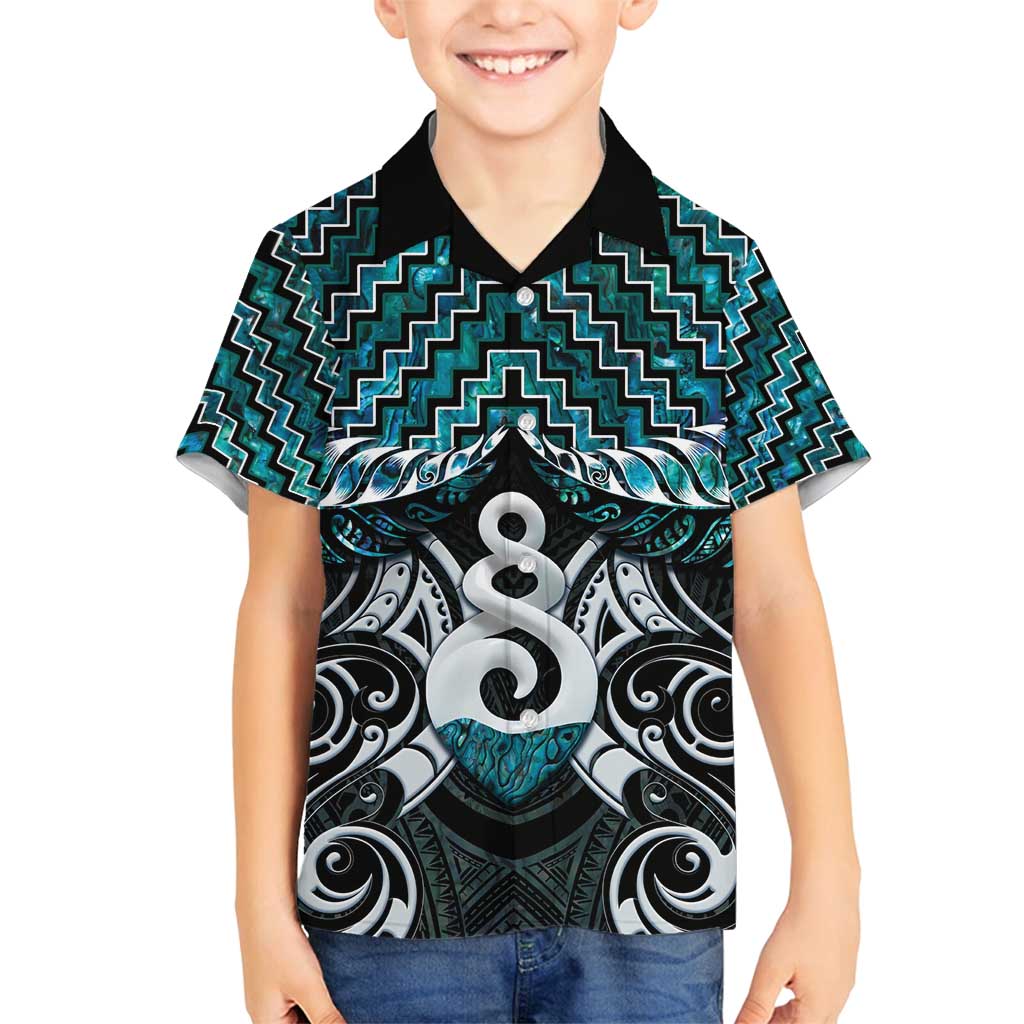 New Zealand Maori Family Matching Off Shoulder Short Dress and Hawaiian Shirt Poutama Pikorua Turquoise Paua Shell LT05 Son's Shirt Turquoise - Polynesian Pride
