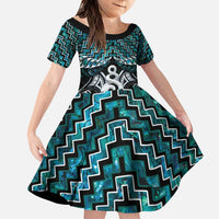 New Zealand Maori Family Matching Puletasi and Hawaiian Shirt Poutama Pikorua Turquoise Paua Shell LT05 Daughter's Dress Turquoise - Polynesian Pride