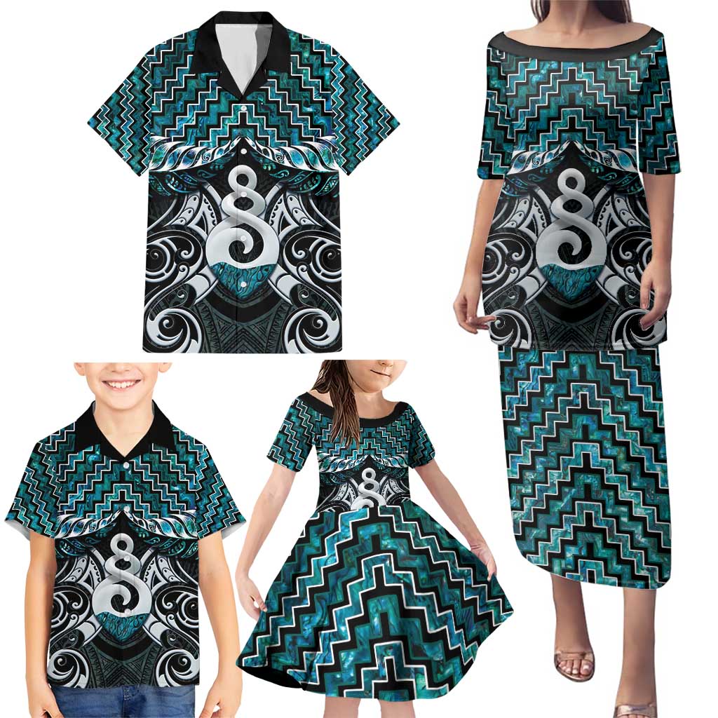 New Zealand Maori Family Matching Puletasi and Hawaiian Shirt Poutama Pikorua Turquoise Paua Shell LT05 - Polynesian Pride