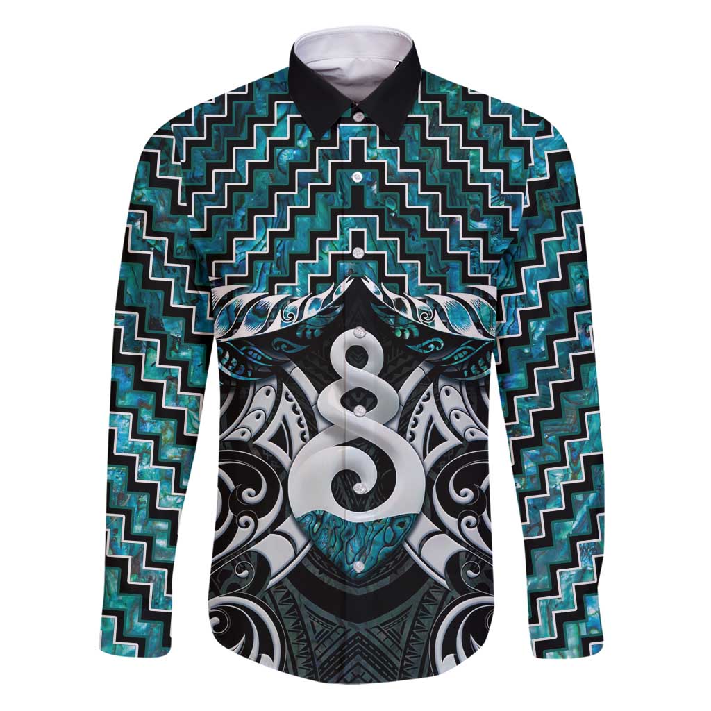 New Zealand Maori Family Matching Puletasi and Hawaiian Shirt Poutama Pikorua Turquoise Paua Shell LT05 Dad's Shirt - Long Sleeve Turquoise - Polynesian Pride