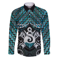New Zealand Maori Family Matching Puletasi and Hawaiian Shirt Poutama Pikorua Turquoise Paua Shell LT05 Dad's Shirt - Long Sleeve Turquoise - Polynesian Pride