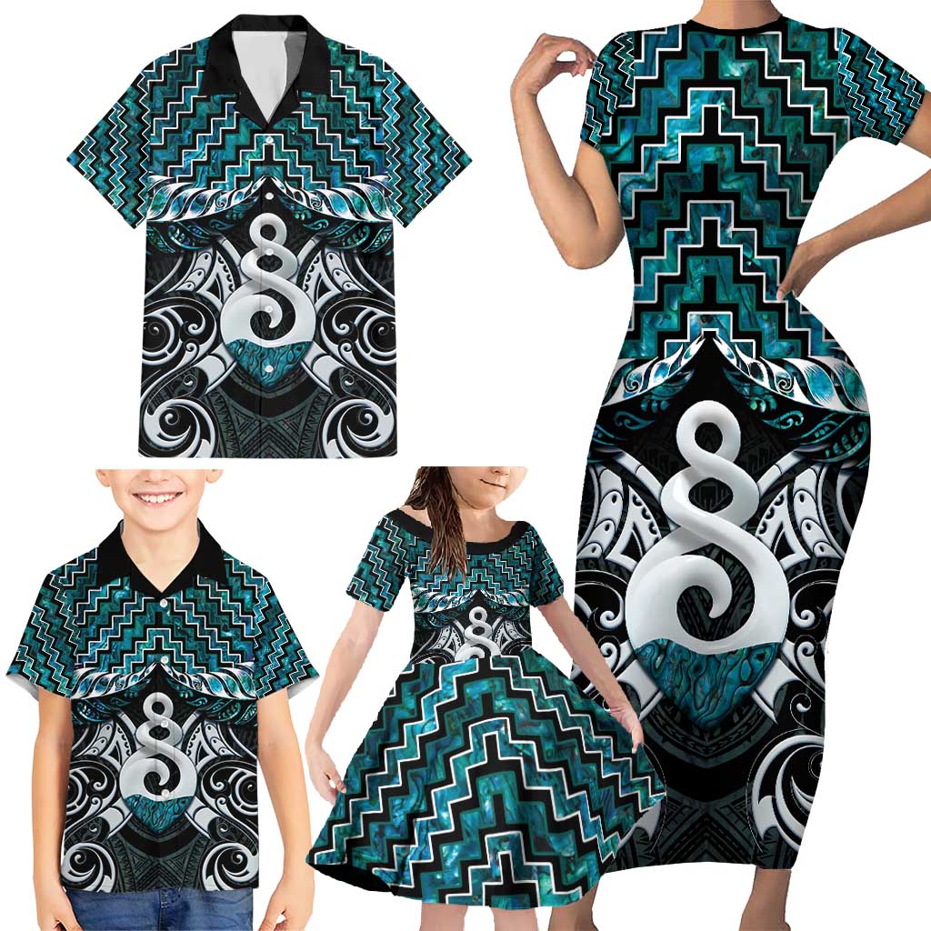 New Zealand Maori Family Matching Short Sleeve Bodycon Dress and Hawaiian Shirt Poutama Pikorua Turquoise Paua Shell LT05 - Polynesian Pride
