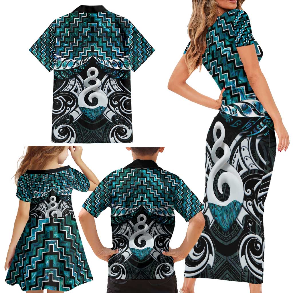 New Zealand Maori Family Matching Short Sleeve Bodycon Dress and Hawaiian Shirt Poutama Pikorua Turquoise Paua Shell LT05 - Polynesian Pride