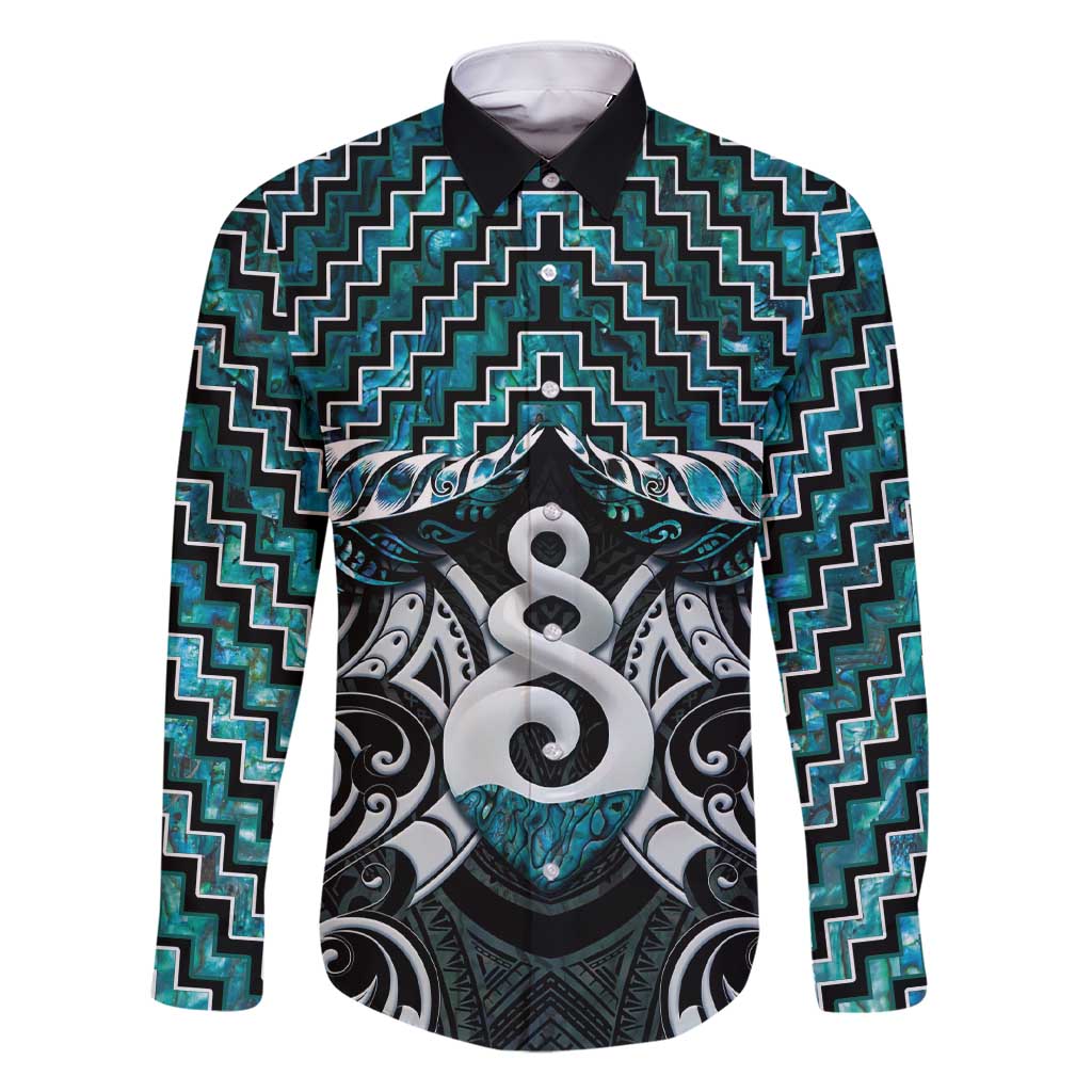 New Zealand Maori Family Matching Short Sleeve Bodycon Dress and Hawaiian Shirt Poutama Pikorua Turquoise Paua Shell LT05 Dad's Shirt - Long Sleeve Turquoise - Polynesian Pride
