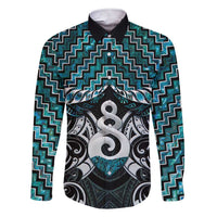 New Zealand Maori Family Matching Short Sleeve Bodycon Dress and Hawaiian Shirt Poutama Pikorua Turquoise Paua Shell LT05 Dad's Shirt - Long Sleeve Turquoise - Polynesian Pride