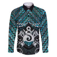 New Zealand Maori Family Matching Summer Maxi Dress and Hawaiian Shirt Poutama Pikorua Turquoise Paua Shell LT05 Dad's Shirt - Long Sleeve Turquoise - Polynesian Pride