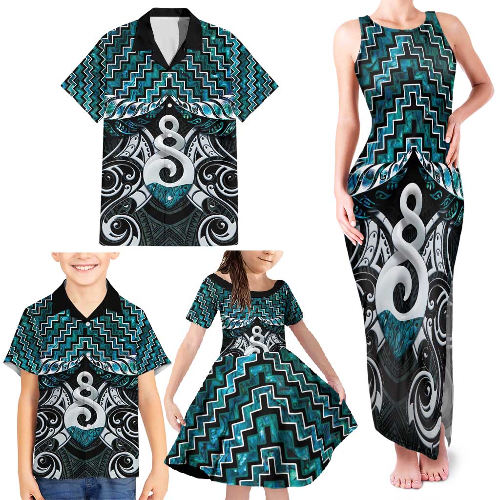 New Zealand Maori Family Matching Tank Maxi Dress and Hawaiian Shirt Poutama Pikorua Turquoise Paua Shell LT05 - Polynesian Pride