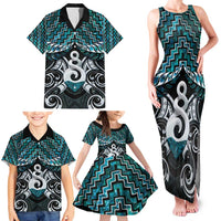 New Zealand Maori Family Matching Tank Maxi Dress and Hawaiian Shirt Poutama Pikorua Turquoise Paua Shell LT05 - Polynesian Pride