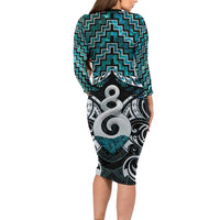 New Zealand Maori Long Sleeve Bodycon Dress Poutama Pikorua Turquoise Paua Shell