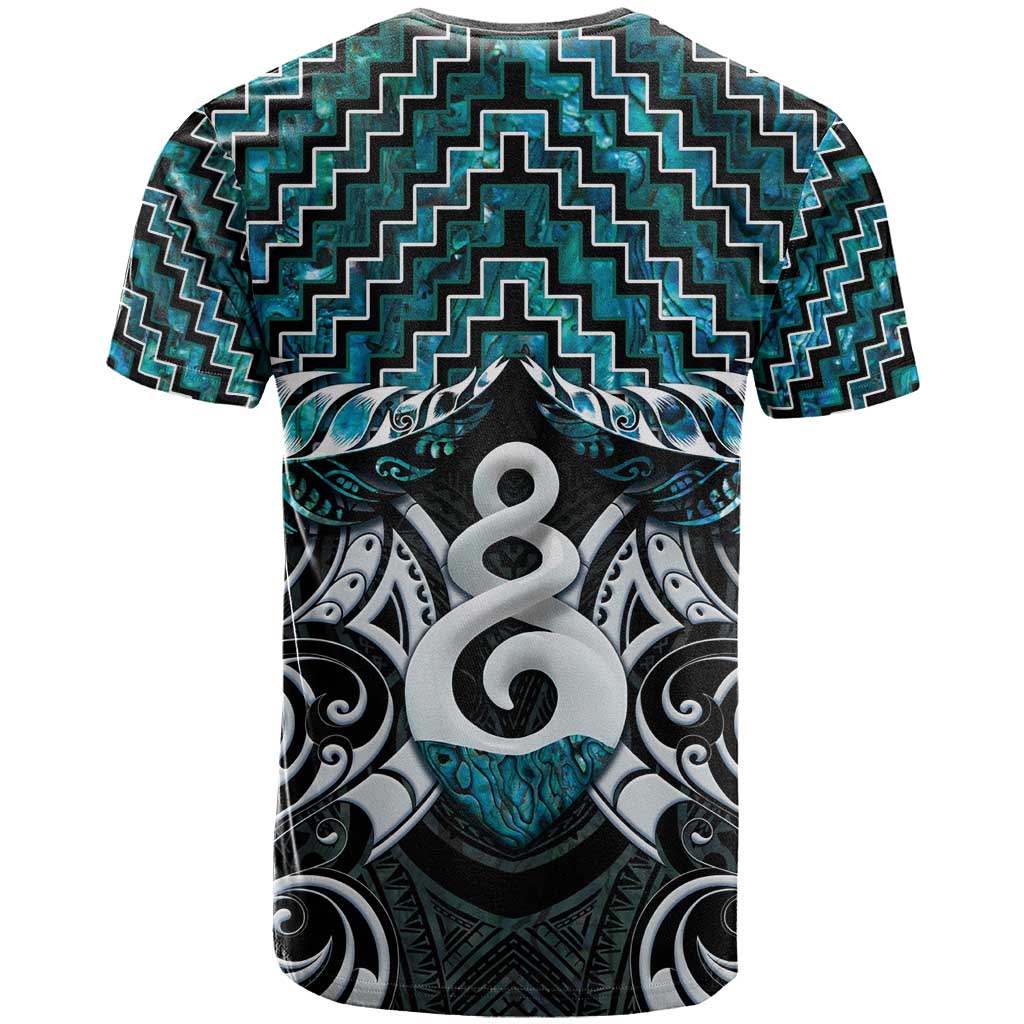 New Zealand Maori T Shirt Poutama Pikorua Turquoise Paua Shell