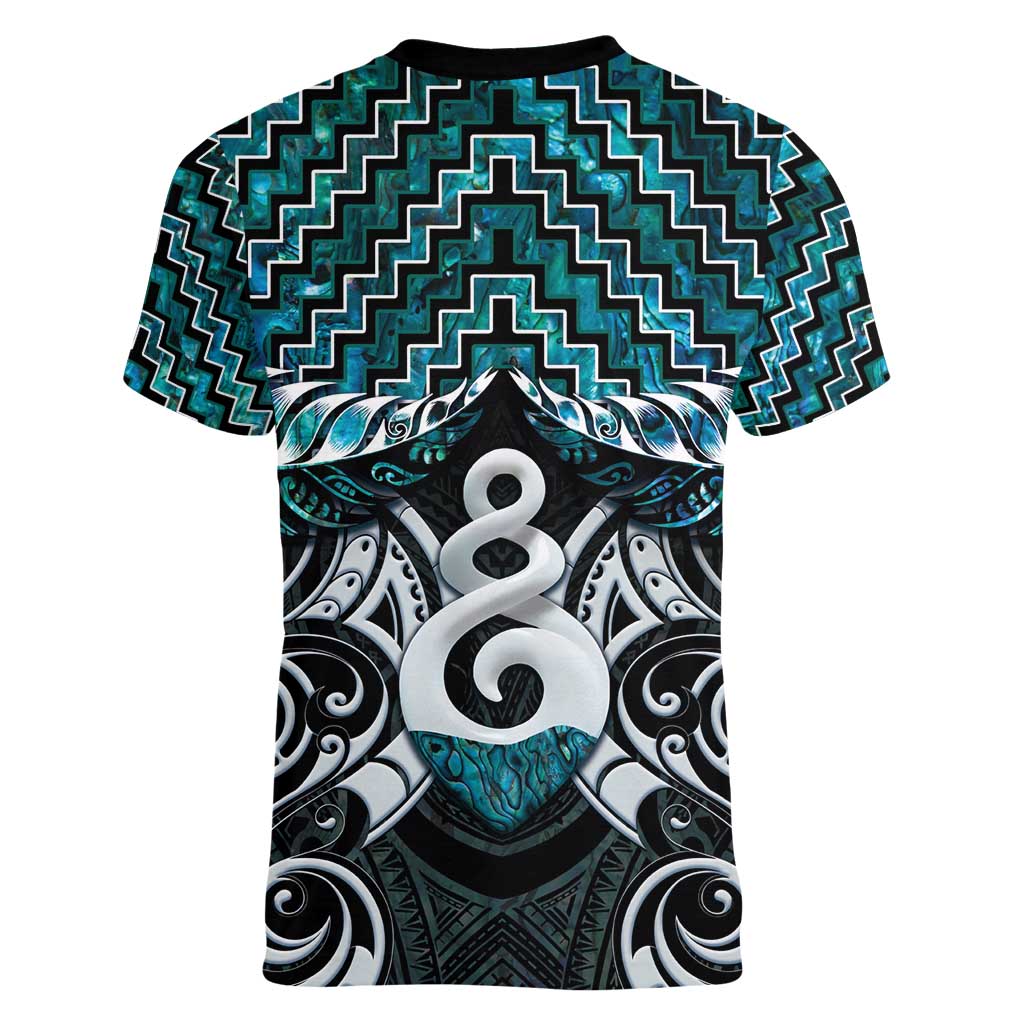 New Zealand Maori Women V-Neck T-Shirt Poutama Pikorua Turquoise Paua Shell