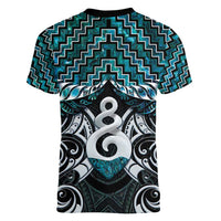 New Zealand Maori Women V-Neck T-Shirt Poutama Pikorua Turquoise Paua Shell