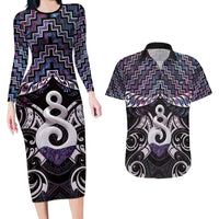 New Zealand Maori Couples Matching Long Sleeve Bodycon Dress and Hawaiian Shirt Poutama Pikorua Purple Paua Shell LT05 Purple - Polynesian Pride