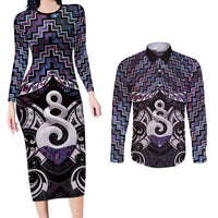 New Zealand Maori Couples Matching Long Sleeve Bodycon Dress and Long Sleeve Button Shirt Poutama Pikorua Purple Paua Shell LT05 Purple - Polynesian Pride