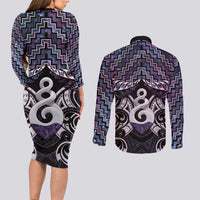 New Zealand Maori Couples Matching Long Sleeve Bodycon Dress and Long Sleeve Button Shirt Poutama Pikorua Purple Paua Shell LT05 - Polynesian Pride