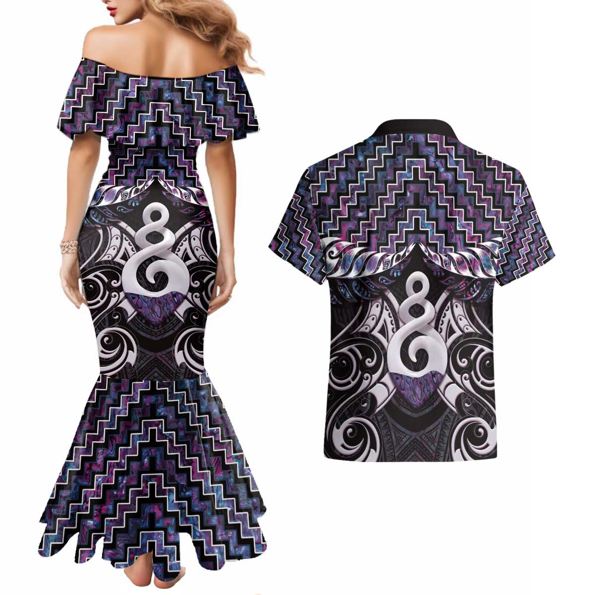 New Zealand Maori Couples Matching Mermaid Dress and Hawaiian Shirt Poutama Pikorua Purple Paua Shell LT05 - Polynesian Pride