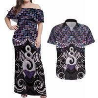 New Zealand Maori Couples Matching Off Shoulder Maxi Dress and Hawaiian Shirt Poutama Pikorua Purple Paua Shell LT05 Purple - Polynesian Pride