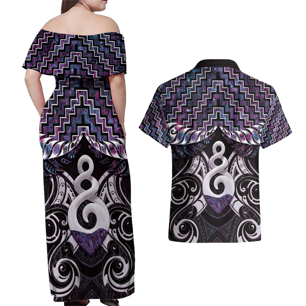 New Zealand Maori Couples Matching Off Shoulder Maxi Dress and Hawaiian Shirt Poutama Pikorua Purple Paua Shell LT05 - Polynesian Pride