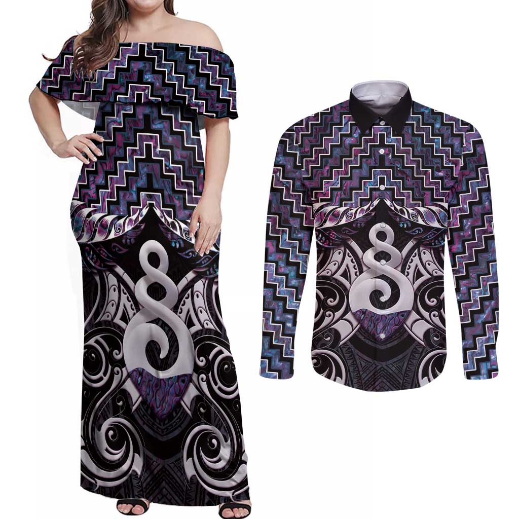 New Zealand Maori Couples Matching Off Shoulder Maxi Dress and Long Sleeve Button Shirt Poutama Pikorua Purple Paua Shell LT05 Purple - Polynesian Pride